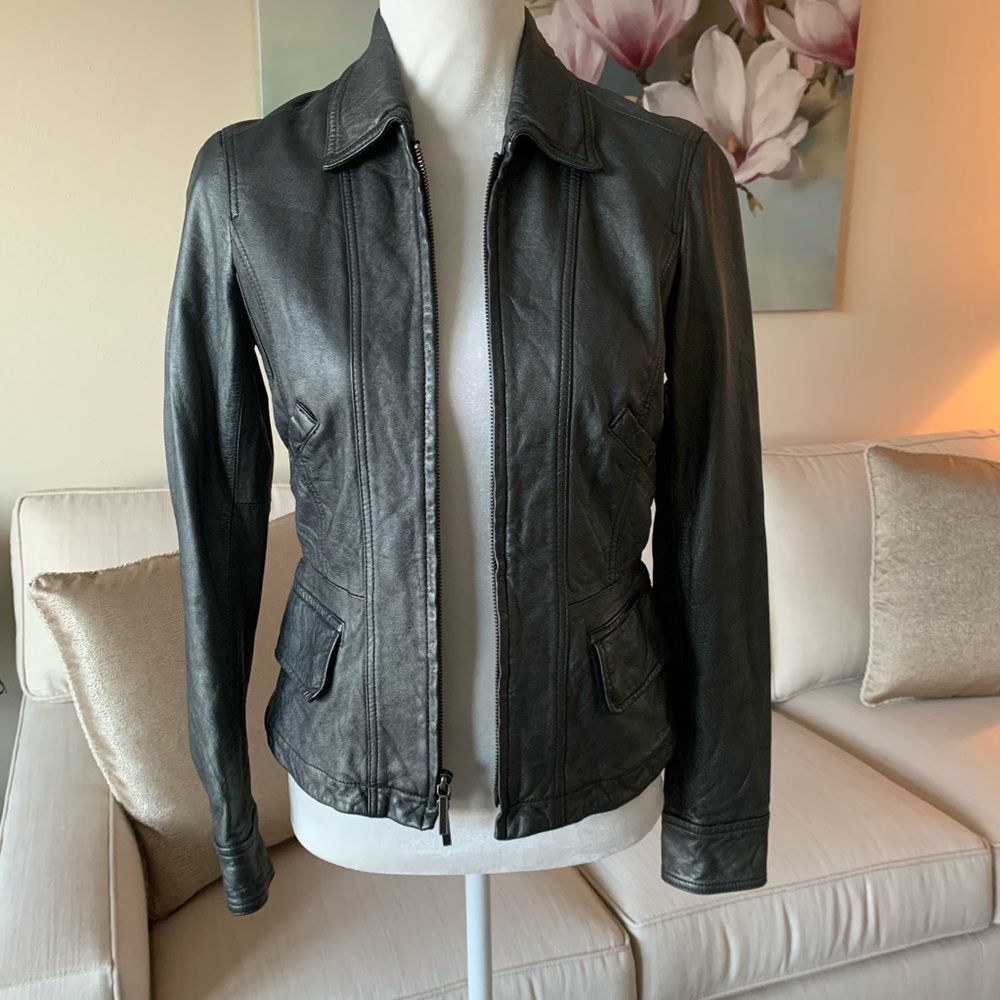 Vince Metallic Gray Genuine Leather Moto Jacket - Picture 4 of 8